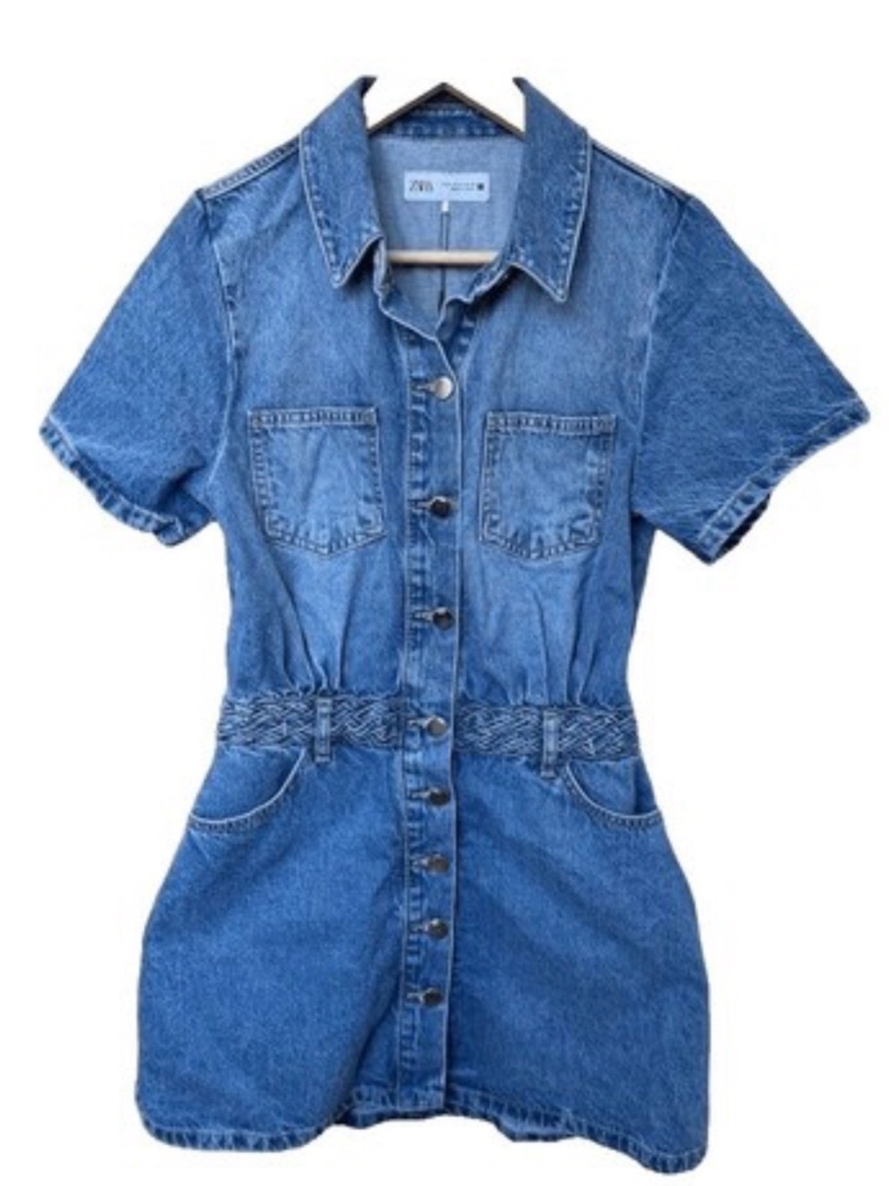 Denim Button-Front Short Dress in Blue